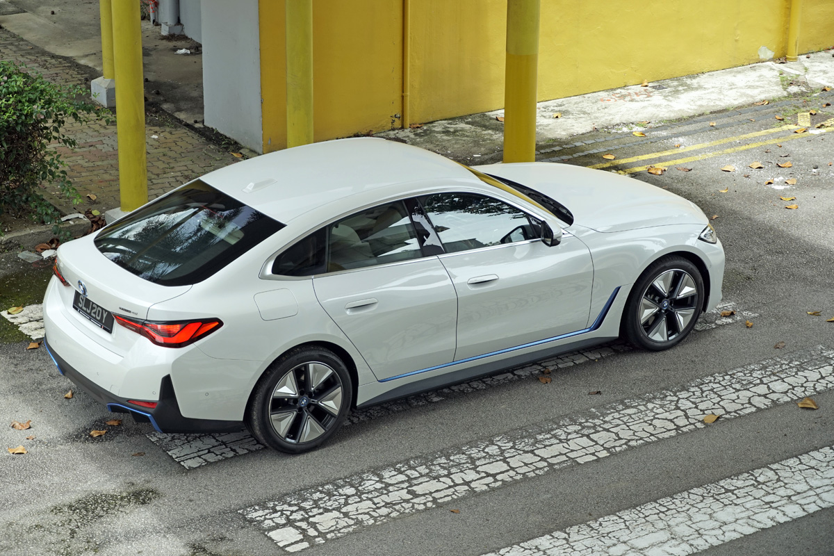 2022 BMW i4 eDrive40 - CarBuyer Singapore - rear elevated shot 