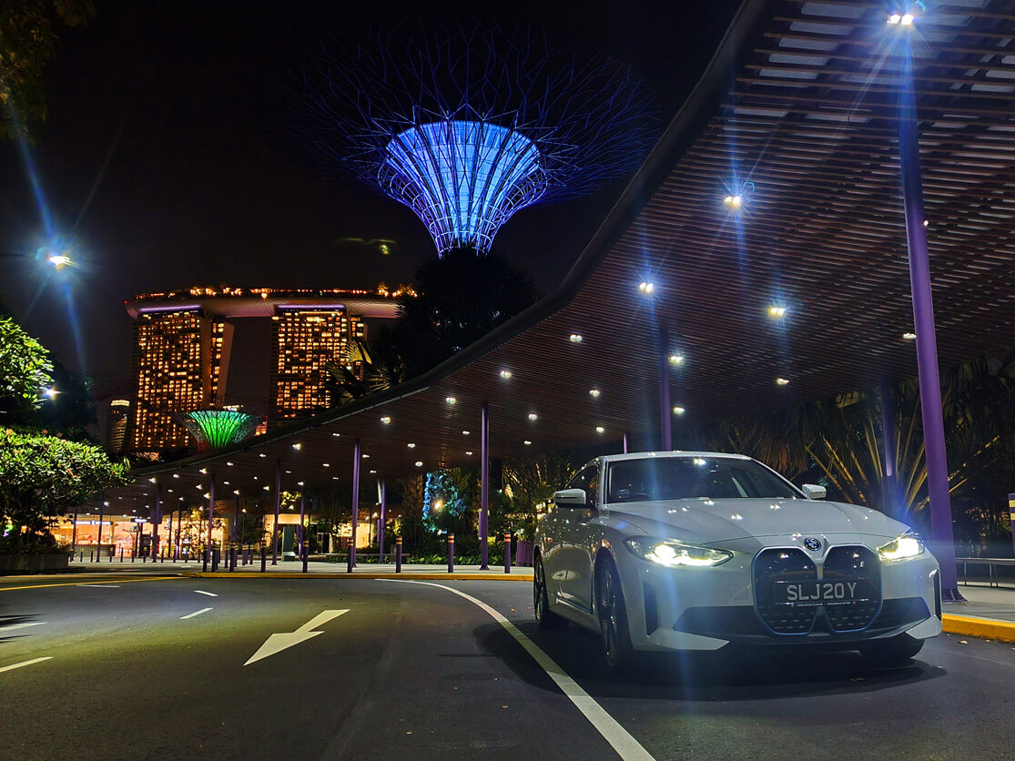 2022 BMW i4 eDrive40 - CarBuyer Singapore - front night shot at Gardens by the Bay